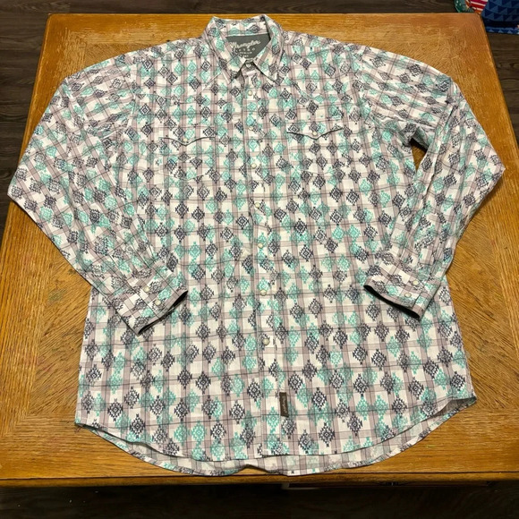 Mens Wrangler Retro 2XT Blue Long Sleeve Shirt Premium Pearl Snap Aztec Western - Picture 1 of 5